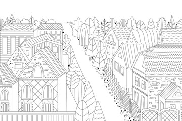 cozy cityscape with brick houses beyond fences for your coloring