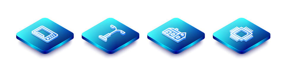 Set Isometric line Microwave oven, Street light, House and Processor with microcircuits CPU icon. Vector