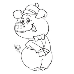 sketch of the character of a pig in a beret and with a bow, coloring, isolated object on a white background, vector illustration, illustration cartoon,