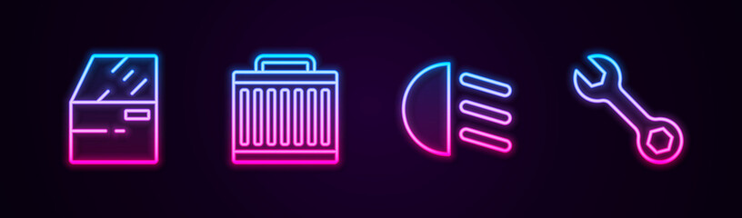Set line Car door, radiator cooling system, High beam and Wrench spanner. Glowing neon icon. Vector