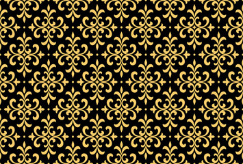 Geometrisches Blumenmuster. Nahtloser Vektorhintergrund. Gold und schwarze Verzierung. Ornament für Stoff, Tapete, Verpackung. Dekorativer Druck