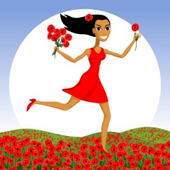 The girl picks red poppy in the field. Cartoon young woman in a red dress with a bouquet of flowers. Landscape with wildflowers. Vector illustration. 