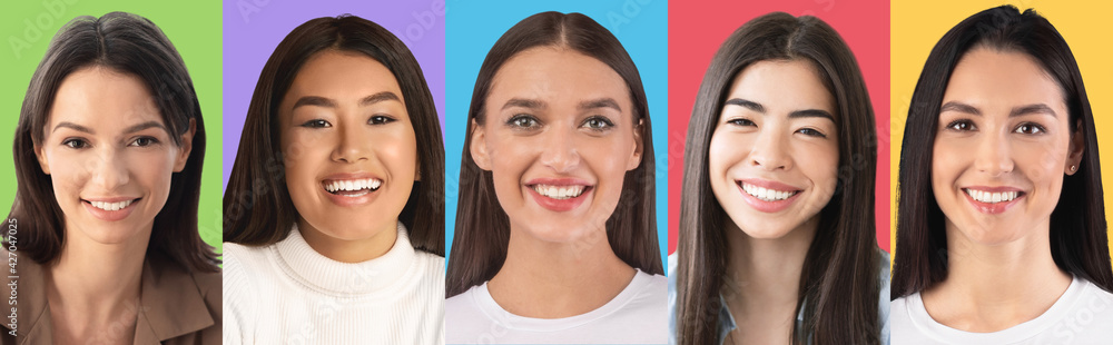 Sticker composite set of smiling diverse multicultural women