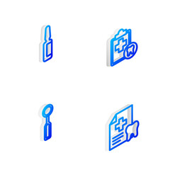 Set Isometric line Dental card, Painkiller tablet, inspection mirror and icon. Vector