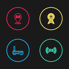 Set line Router and wi-fi signal, 5G network, Antenna and Location icon. Vector