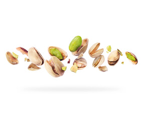 Crushed pistachios close-up hovered in white space - Powered by Adobe