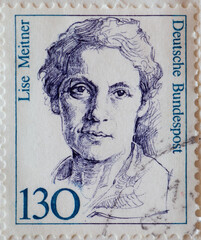 GERMANY - CIRCA 1988 : a postage stamp from Germany, showing a woman from German history the Austrian nuclear physicist Lise Meitner