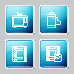 Set line Retro tv, Camera film roll cartridge, Play Video and icon. Vector