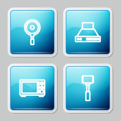 Set line Frying pan, Kitchen extractor fan, Microwave oven and hammer icon. Vector