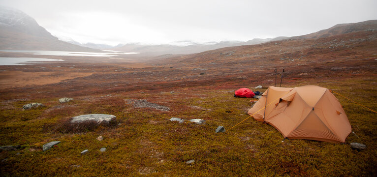 Wild camping in the Sarek National park. Living in the wild with a lot of wildlife. Mountainous nature reserve, rich in animal life, with waterfalls & hiking trail in the park's south.