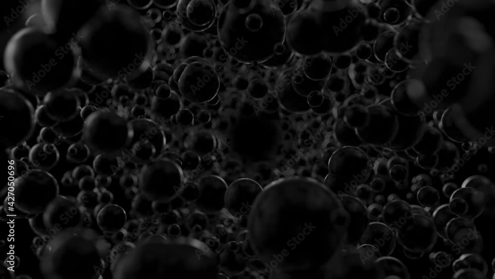Poster fly through set of black reflective spheres. abstract dark 3d render geometric background with hover