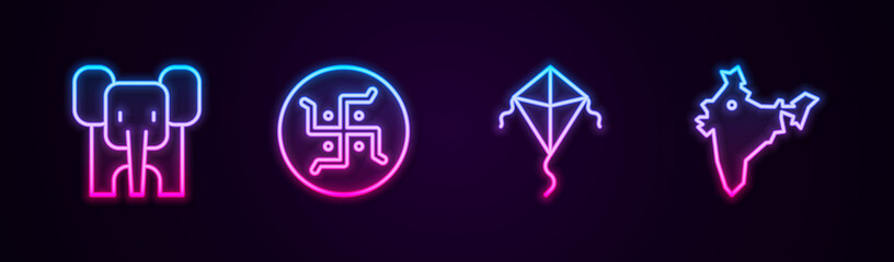 Set line Elephant, Hindu swastika, Kite and India map. Glowing neon icon. Vector