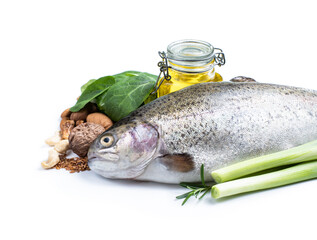 Set of food with fats and omega-3 isolated on white