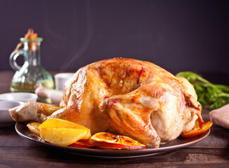 Roasted whole chicken with oranges and potatoes on a plate.