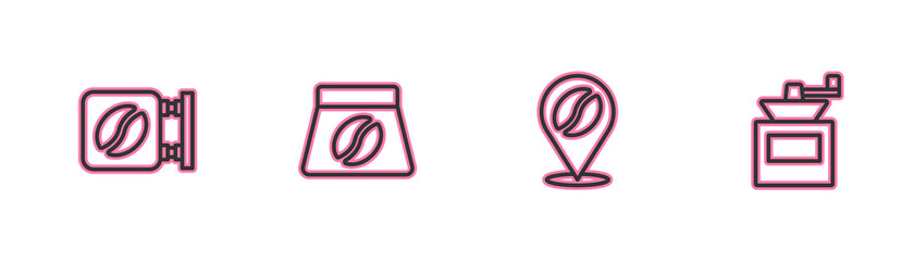 Set line Street signboard coffee, Location with bean, Bag beans and Manual grinder icon. Vector