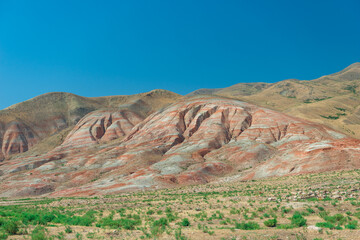 Cross-bedding in Candy Cane Mountains in Azerbaijan. Colorful stripes of the hills. Shale striped mountains.