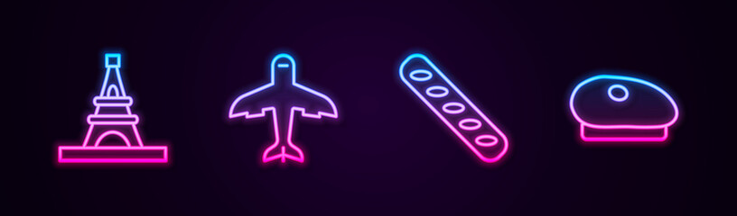 Set line Eiffel tower, Plane, French baguette bread and beret. Glowing neon icon. Vector