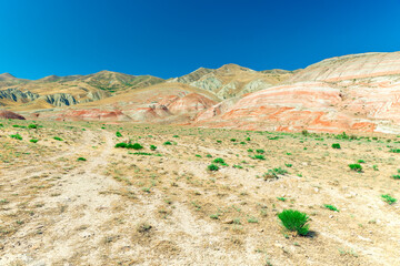 Cross-bedding in Candy Cane Mountains in Azerbaijan. Colorful stripes of the hills. Shale striped mountains.