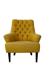 Trendy yellow soft armchair isolated on white background. Contemporary living room furniture