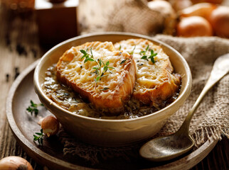 Classic French onion soup baked with cheese croutons sprinkled with fresh thyme, close up view. - 427053066