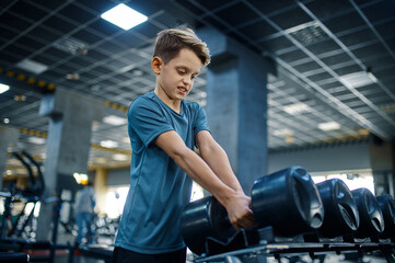 Boy tries to take heavy dumbbell in gym