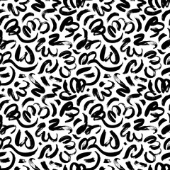 Black paint freehand scribbles vector seamless pattern. Wavy lines and round shapes, dry brush stroke texture. Abstract monochrome wallpaper design, trendy textile print. Wavy and swirled brush stroke