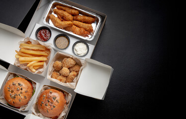 Home, office delivery, restaurant fast food, tasty unhealthy meal, snacks for lunch