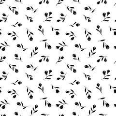 Black tulips vector seamless pattern. Hand drawn silhouettes of spring flowers, tulips, narcissus and iris. Dry brush style floral motives. Black paint illustration with abstract flowers