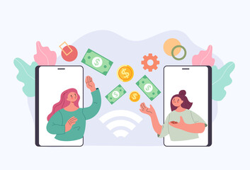 Money transaction from phone to phone. Wireless mobile finance technology concept. Vector flat simple graphic design illustration
