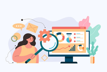 Woman office worker character searching information by internet. Online finance analytics searching information accounting concept. Vector flat simple graphic design modern style illustration