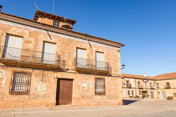 a street with traditional houses in Miedes de Atienza village, province of Guadalajara, Castilla-La Mancha, Spain