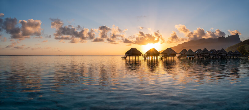 Beautiful sunset panorama at a luxury beach resort in the South Seas