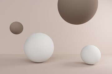 Beige abstract background with brown balloons. Backdrop design for product promotion. 3d rendering