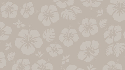 ハイビスカスの模様のベージュの背景_壁紙_イラスト素材_16:9 © ふわぷか