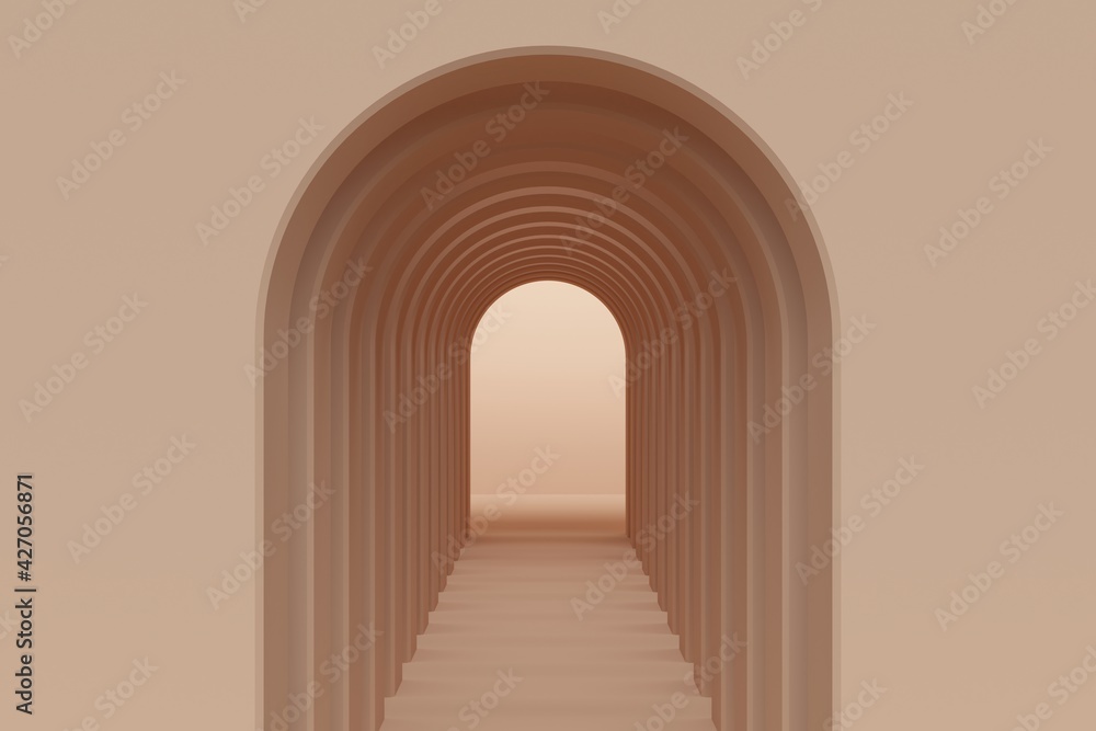 Poster brown abstract background with corridor of arches. backdrop design for product promotion. 3d renderi