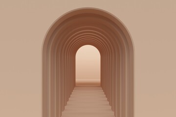 Brown abstract background with corridor of arches. Backdrop design for product promotion. 3d rendering
