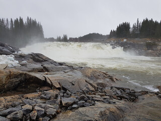 The mighty Laksforsen salmon waterfall in Grane Municipality, northern Norway
