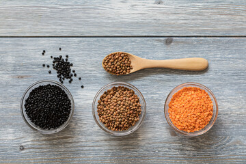 Red, black, brown seeds of dry lentils and spoon