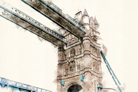 Tower Bridge in London, United Kingdom. Aquarelle, watercolor illustration.