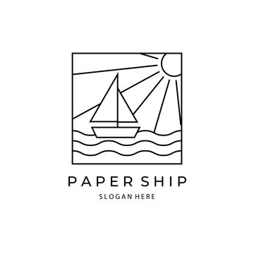 ship paper line art logo badge vector illustration design
