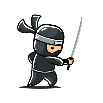 little cartoon black ninja attack with one sword