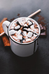 White cup of melted hot chocolate with marshmallows and cinnamon on a dark background. Dessert...