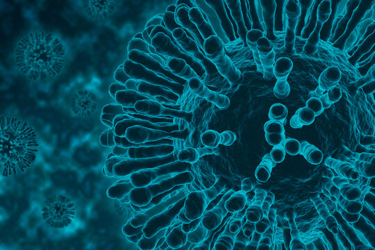 Coronavirus covid-19 under the microscope view of floating virus cells. Science epidemic infection concept. 3D rendered illustration.