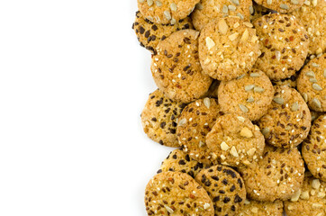 oatmeal cookies with chocolate on white background with place for text