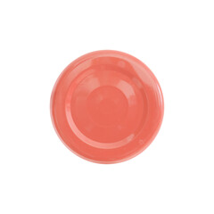 Metal lid in light red color for a jar or bottle. On a white background, top view, close-up