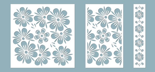 Set panel flowers leaves for registration of the decorative surfaces. Abstract strips, flowers, panels. Vector illustration of a laser cutting. Plotter cutting and screen printing