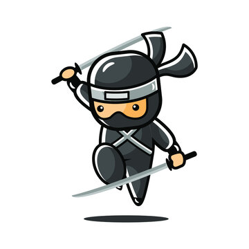 Cartoon little black ninja use two swords and jump attack
