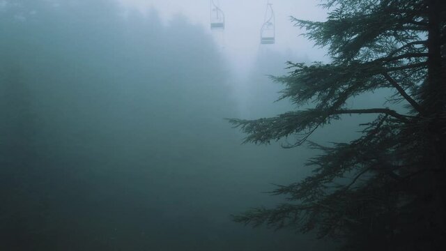 View of old telefrick cabins inside forest, foggy weather, in chrea national park - algeria