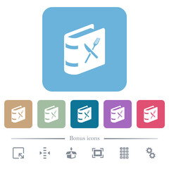 Cookbook with knife and fork flat icons on color rounded square backgrounds