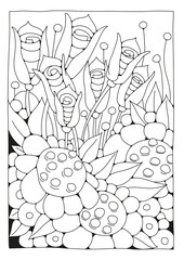 Coloring page. Flower meadow. Large flowers and buds. Vector illustration for coloring. Art line. Art therapy. Coloring book page for children and adults.
